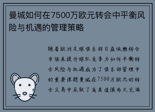 曼城如何在7500万欧元转会中平衡风险与机遇的管理策略 曼城如何在7500万欧元转会中平衡风险与机遇的管理策略